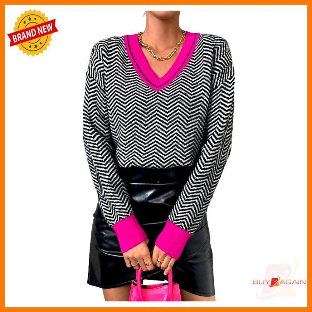 Striped V Neck Pullover Sweater Long Sleeve Knitted Color Block Chic Casual